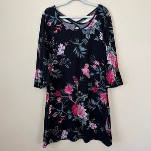 French Laundry Black Tropical Floral Print Bell Sleeve Jersey Knit Swing Dress